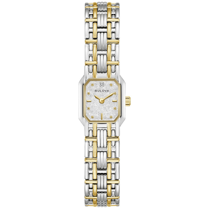 Bulova Goddess of Time Sophia women's watch with a silver-white denchu dial and two-tone bracelet, front view (98P237)