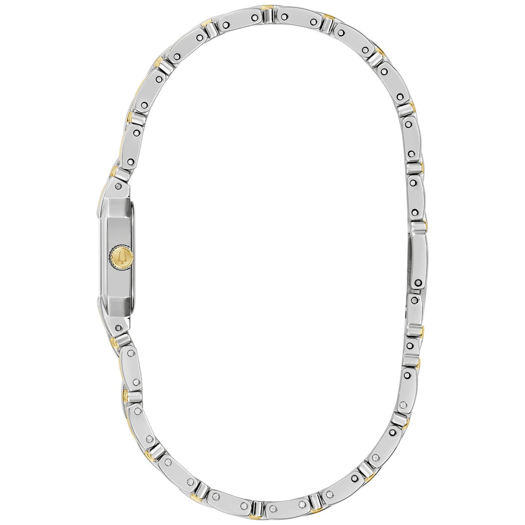 Side profile of the Bulova Goddess of Time Sophia women's watch showing the case and two-tone bracelet (98P237)