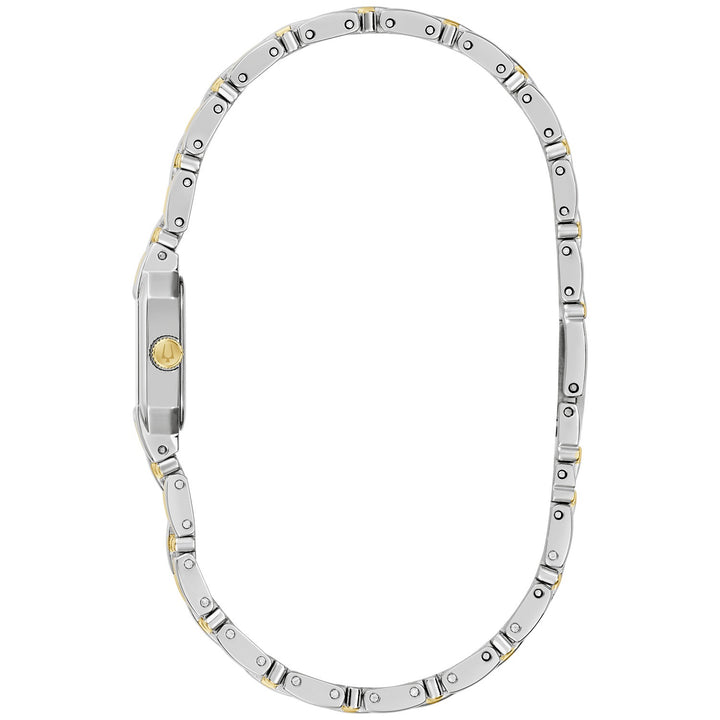 Side profile of the Bulova Goddess of Time Sophia women's watch showing the case and two-tone bracelet (98P237)