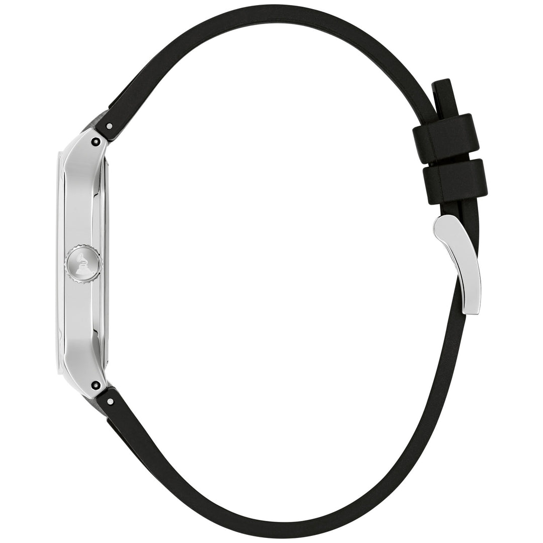 Side profile of the Bulova Latin GRAMMY Millennia men's watch showing the case and black silicone rubber strap (96A335)