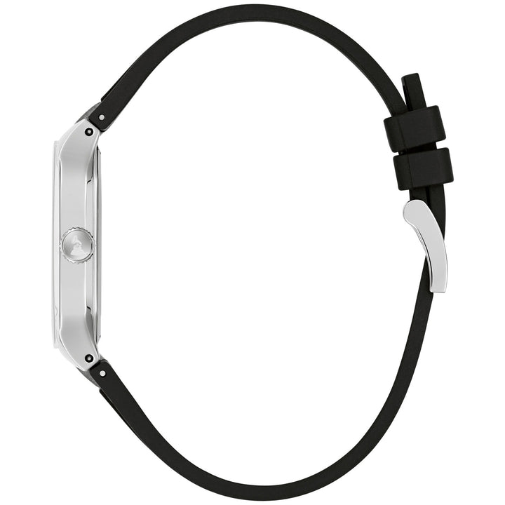 Side profile of the Bulova Latin GRAMMY Millennia men's watch showing the case and black silicone rubber strap (96A335)