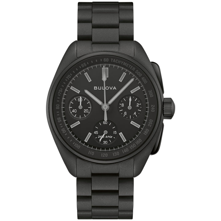 Bulova Lunar Pilot Black Hole men's watch with a black musou paint dial and black bracelet, front view (98A335)