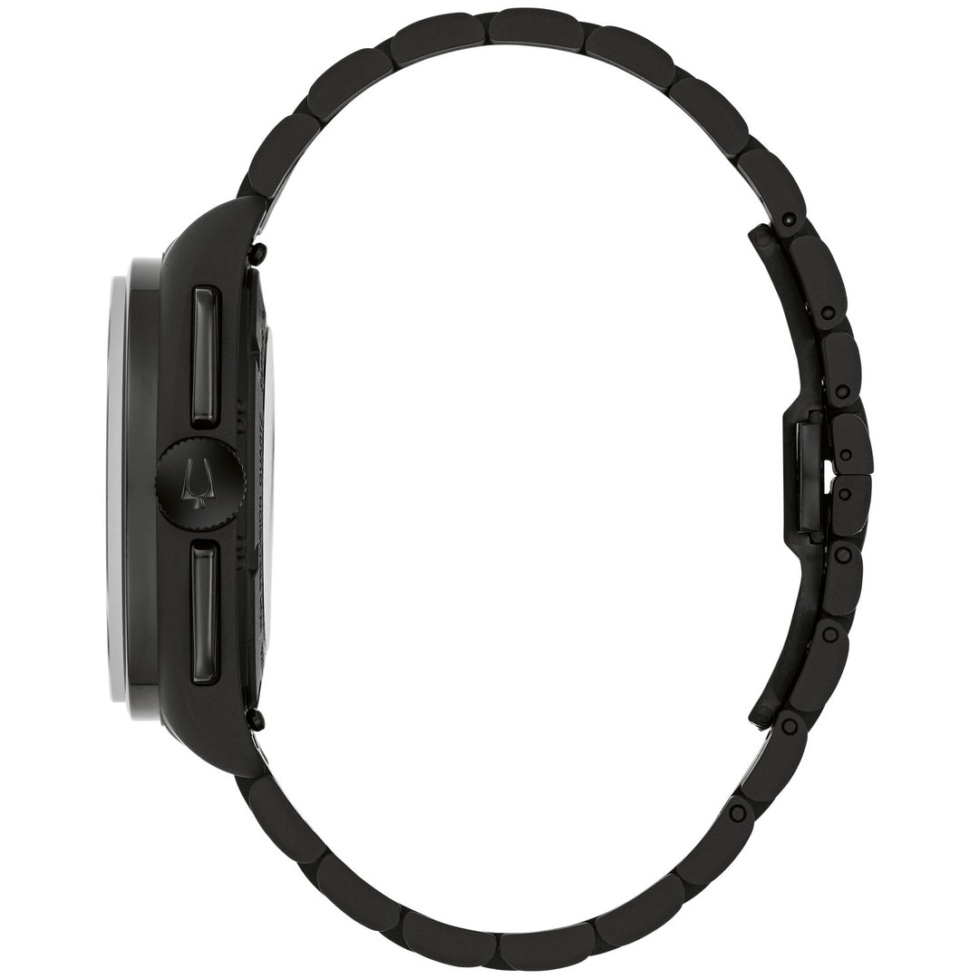 Side profile of the Bulova Lunar Pilot Black Hole men's watch showing the case and black bracelet (98A335)