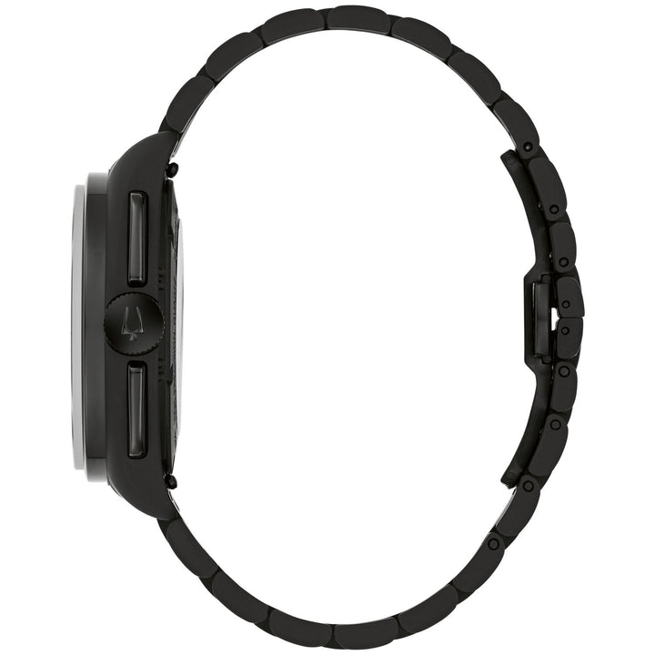 Side profile of the Bulova Lunar Pilot Black Hole men's watch showing the case and black bracelet (98A335)