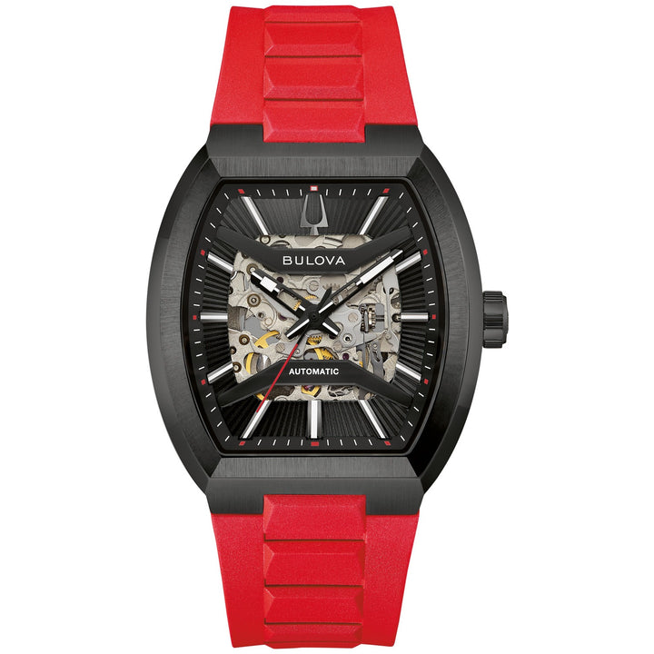 Bulova Maquina men's watch with a black skeleton dial and red rubber strap, front view (98A341)