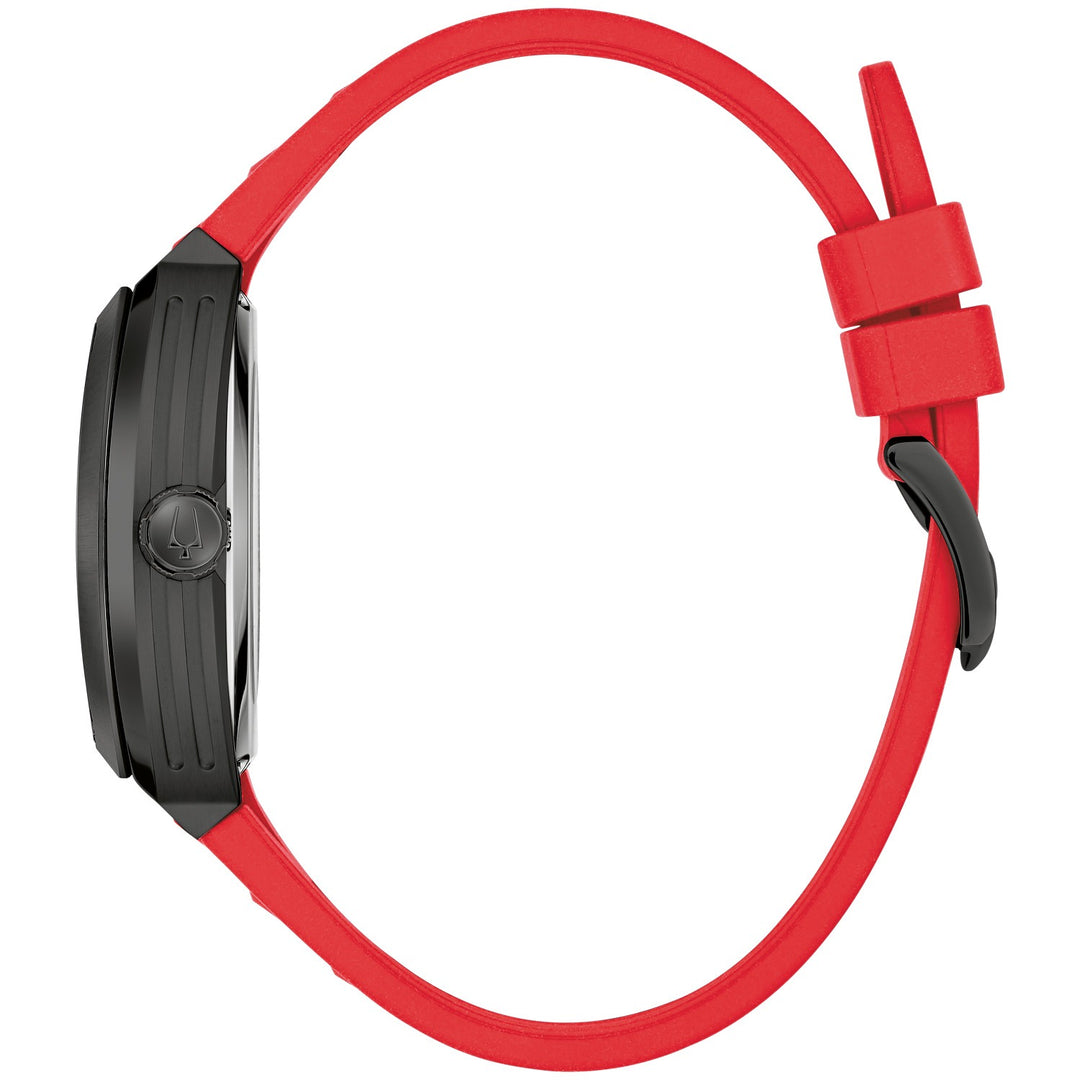 Side profile of the Bulova Maquina men's watch showing the case and red rubber strap (98A341)