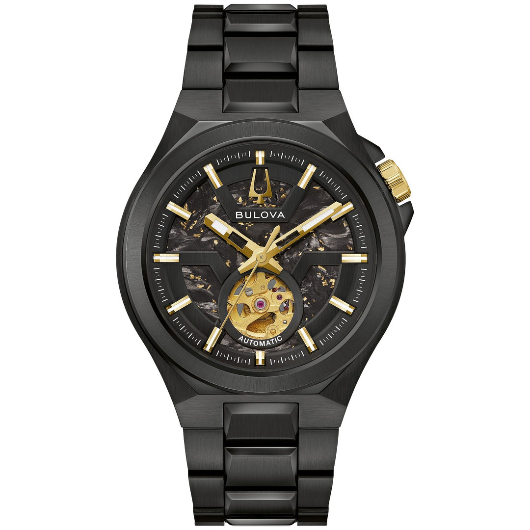 Bulova Maquina men's watch with a forged carbon and gold foil dial and black bracelet, front view (98A340)