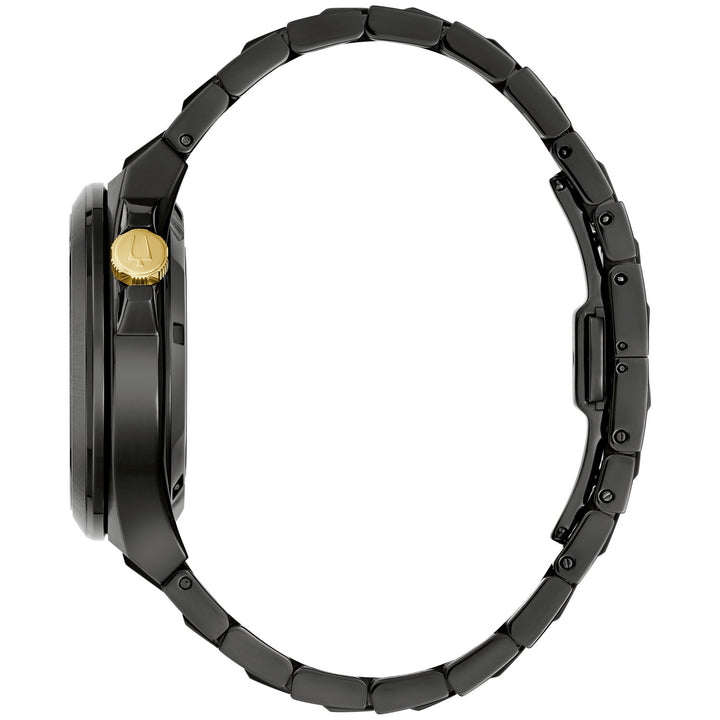 Side profile of the Bulova Maquina men's watch showing the case and black bracelet (98A340)