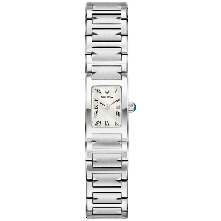 Bulova Marc Anthony Harmony women's watch with a mother-of-pearl dial and silver-tone bracelet, front view (96L360)