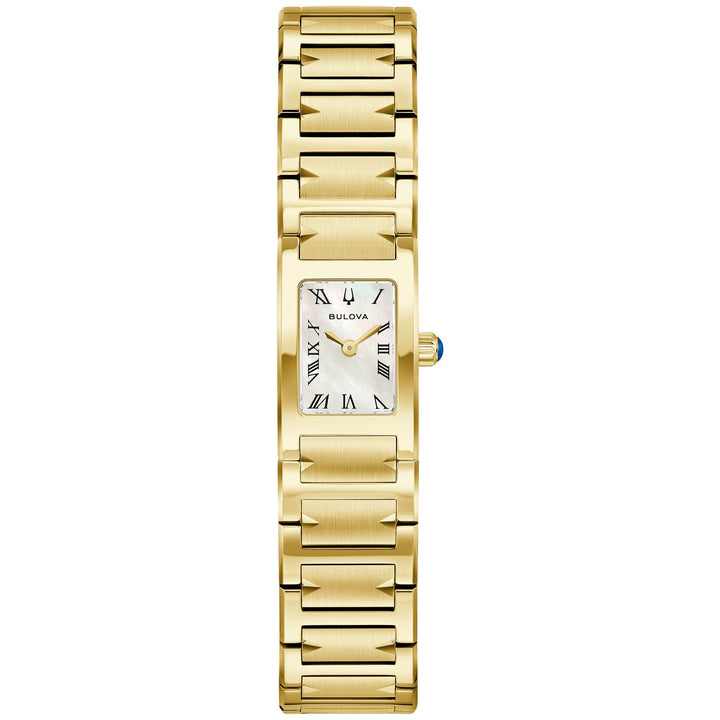 Bulova Marc Anthony Harmony women's watch with a mother-of-pearl dial and gold-tone bracelet, front view (97L200)