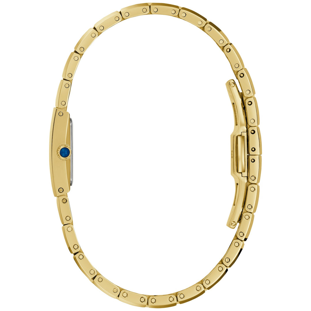 Side profile of the Bulova Marc Anthony Harmony women's watch showing the case and gold-tone bracelet (97L200)
