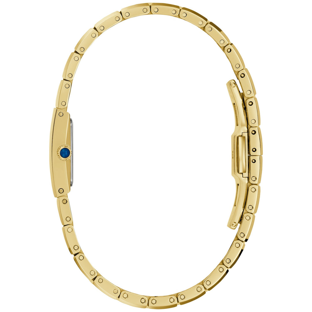 Side profile of the Bulova Marc Anthony Harmony women's watch showing the case and gold-tone bracelet (98R301)