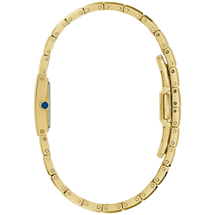Side profile of the Bulova Marc Anthony Harmony women's watch showing the case and gold-tone bracelet (98R301)