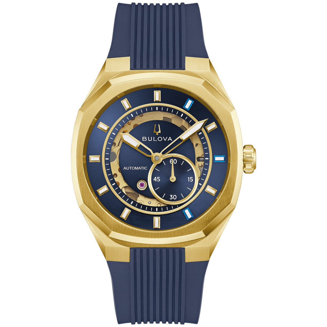 Bulova Marc Anthony Surveyor men's watch with a blue sunray dial and blue rubber strap, front view (97A205)