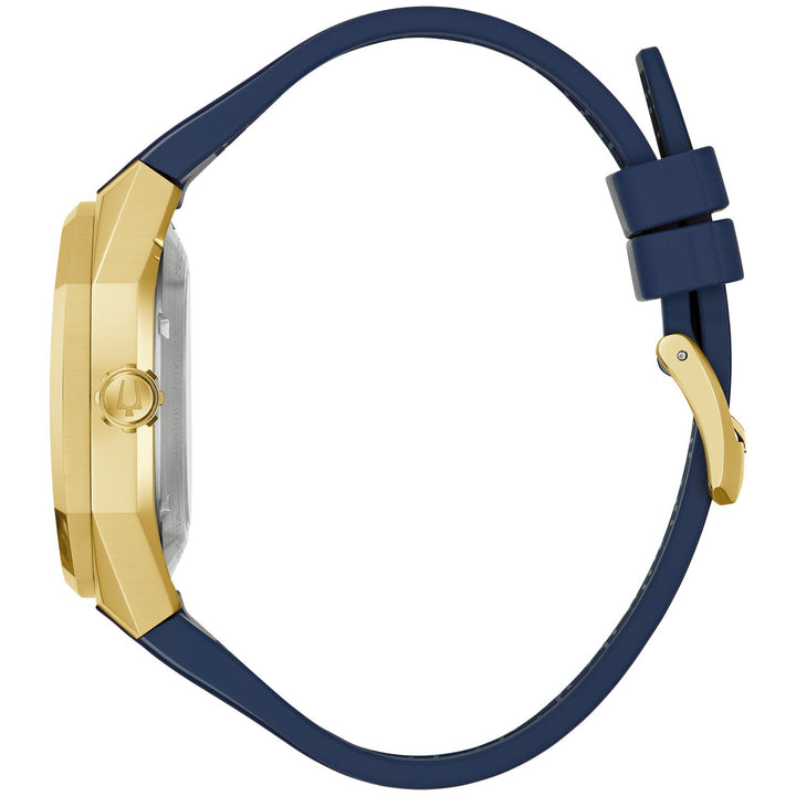 Side profile of the Bulova Marc Anthony Surveyor men's watch showing the case and blue rubber strap (97A205)