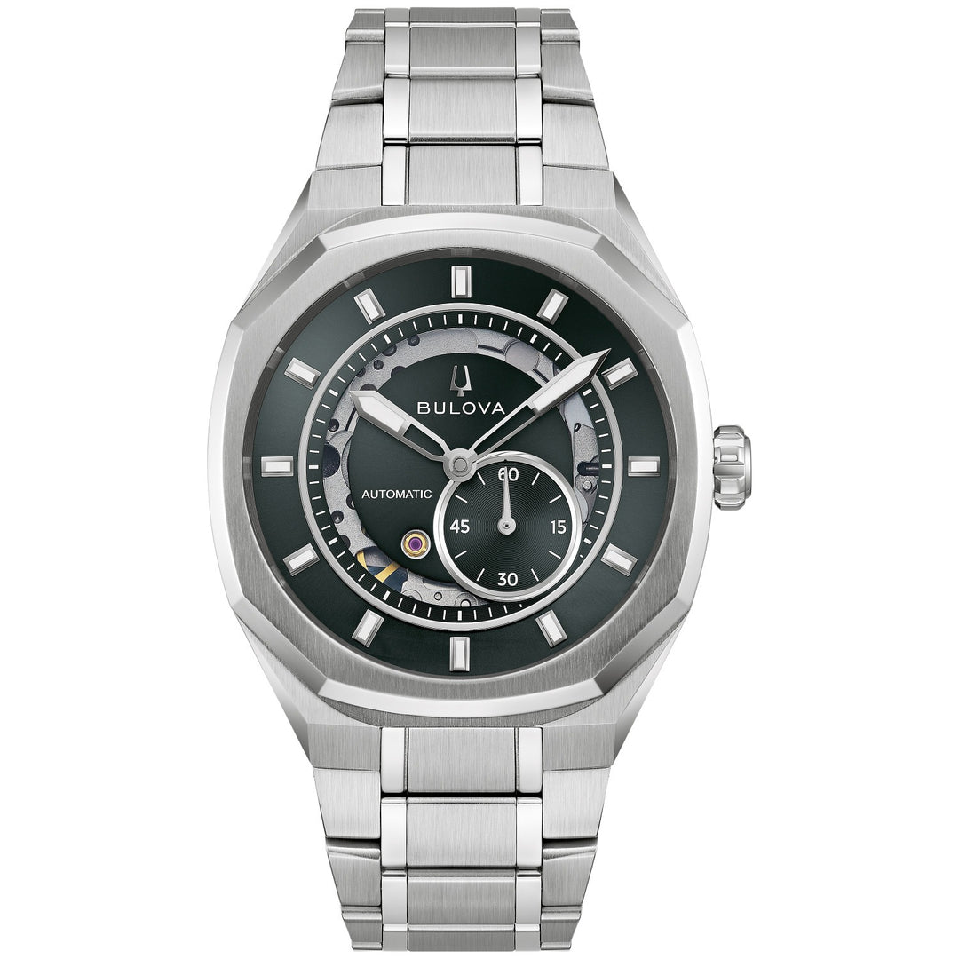 Bulova Marc Anthony Surveyor men's watch with a grey-green sunray dial and silver-tone bracelet, front view (96A346)