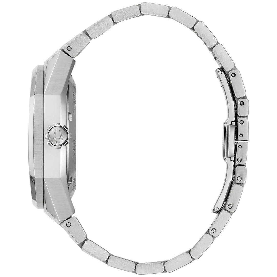 Side profile of the Bulova Marc Anthony Surveyor men's watch showing the case and silver-tone bracelet (96A346)