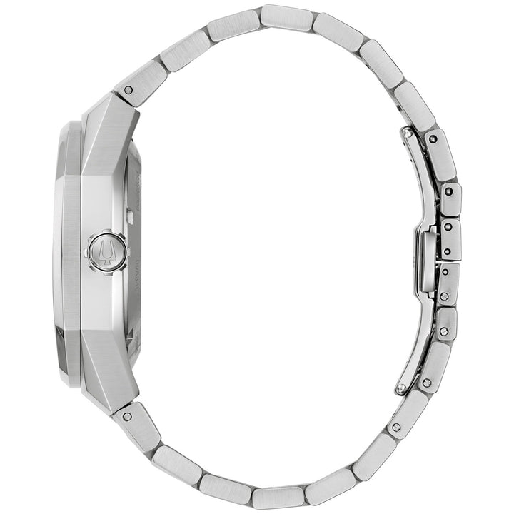 Side profile of the Bulova Marc Anthony Surveyor men's watch showing the case and silver-tone bracelet (96A346)