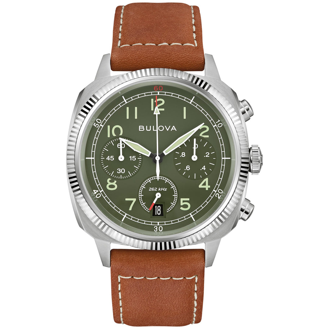 Bulova Military VWI Chrono men's watch with a military green dial and brown leather strap, front view (96B482)