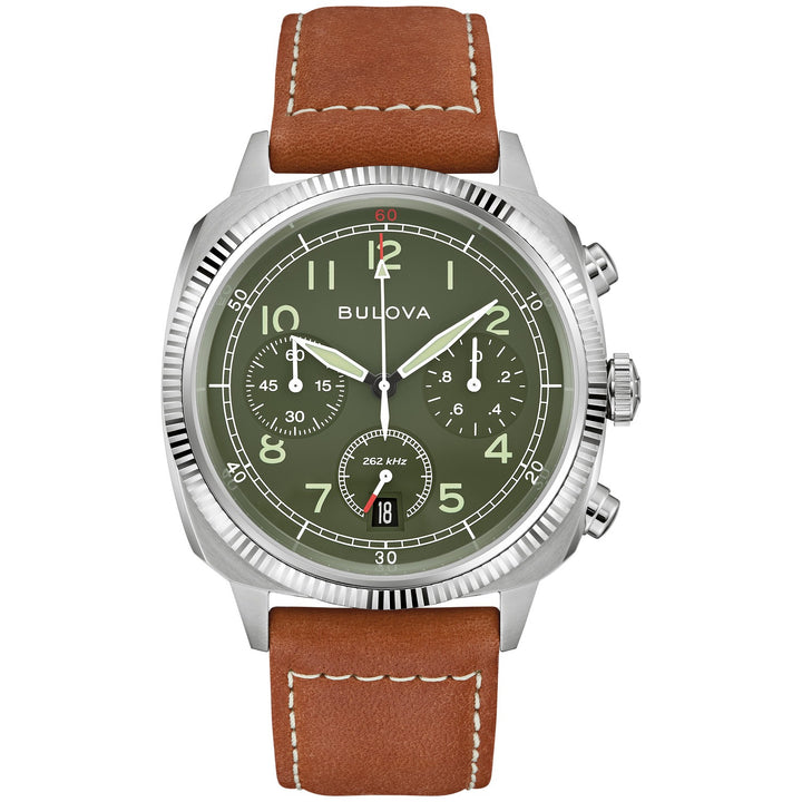 Bulova Military VWI Chrono men's watch with a military green dial and brown leather strap, front view (96B482)