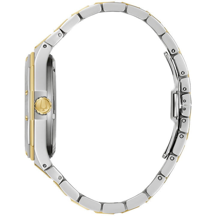 Side profile of the Bulova Prestige men's watch showing the case and two-tone bracelet (98A339)