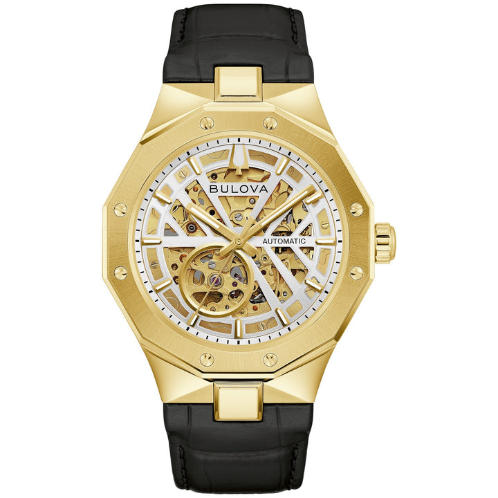 Bulova Prestige men's watch with a silver-tone open dial and black leather strap, front view (97A206)