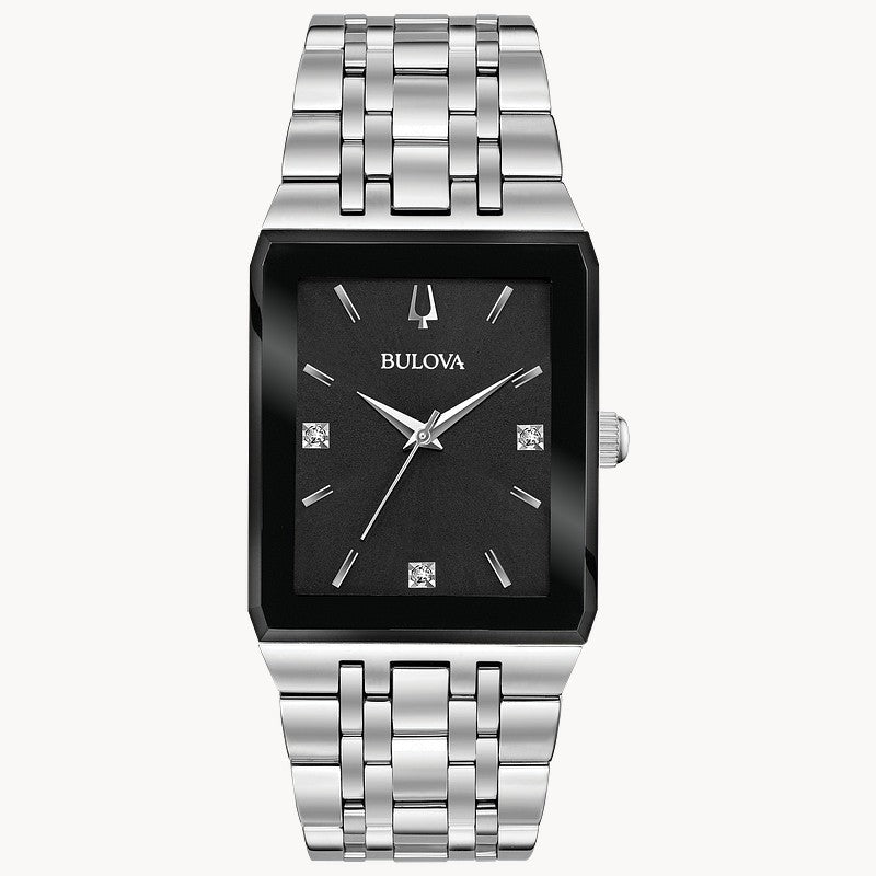 Bulova Quadra men's silver-tone stainless steel black dial dress watch 96D145 front view