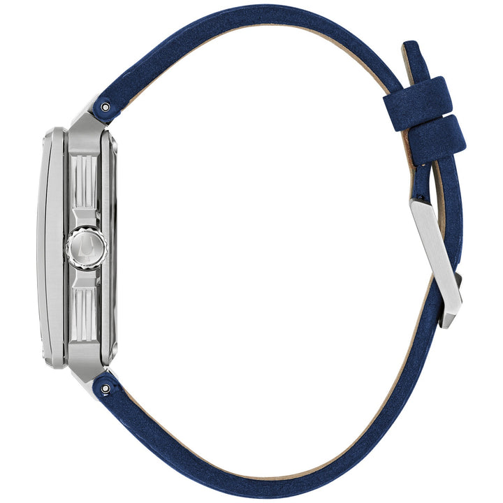 Side profile of the Bulova Series X men's watch showing the case and suede leather strap (98A342)