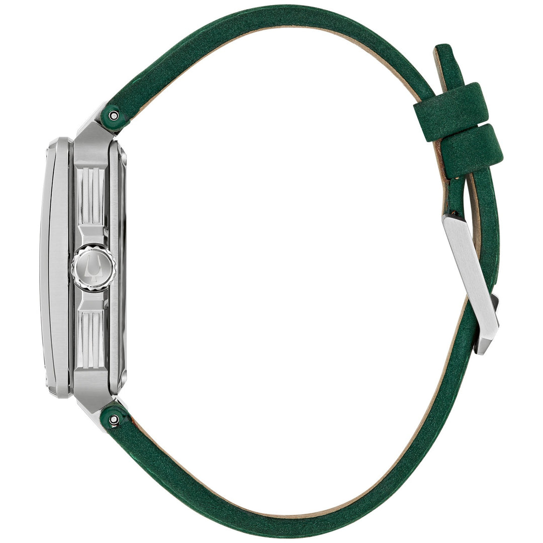 Side profile of the Bulova Series X men's watch showing the case and suede leather strap (98A343)