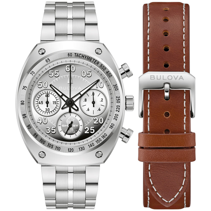Bulova SHELBY Racer Chronograph men's watch with a mirror-polished silver-tone dial, front view (96K118)