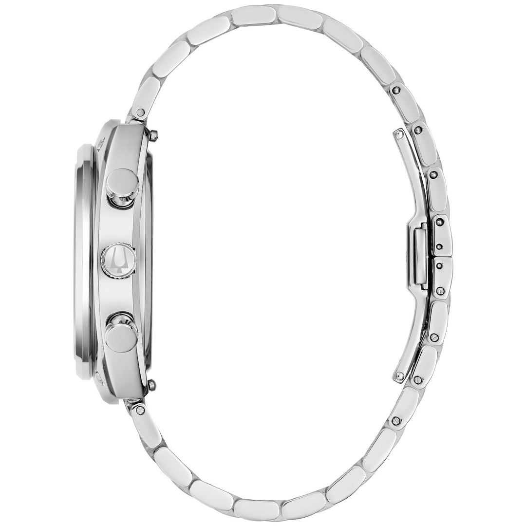 Side profile of the Bulova SHELBY Racer Chronograph men's watch showing the case and silver-tone bracelet (96K118)