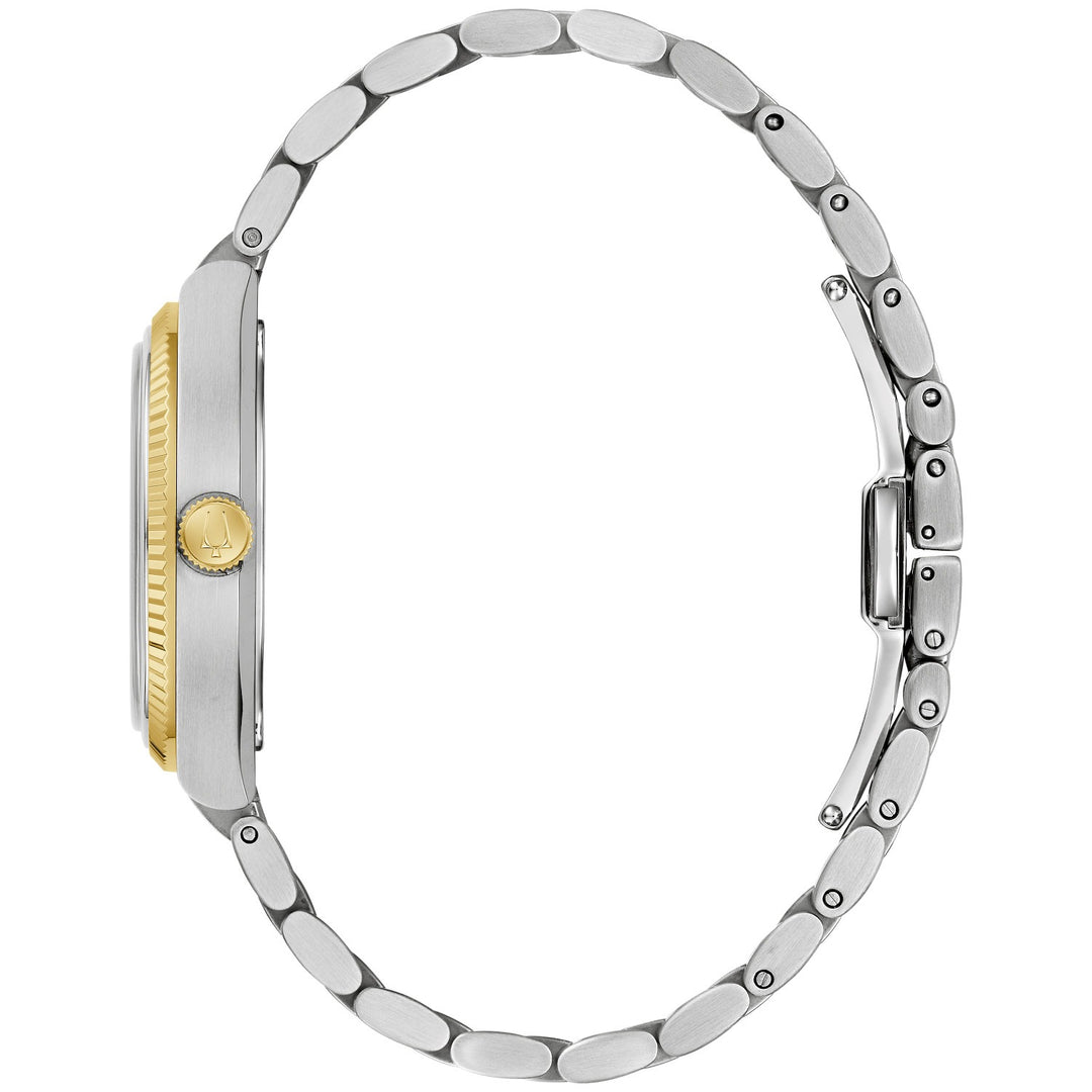 Side profile of the Bulova Super Seville Jade men's watch showing the case and two-tone bracelet (98A336)