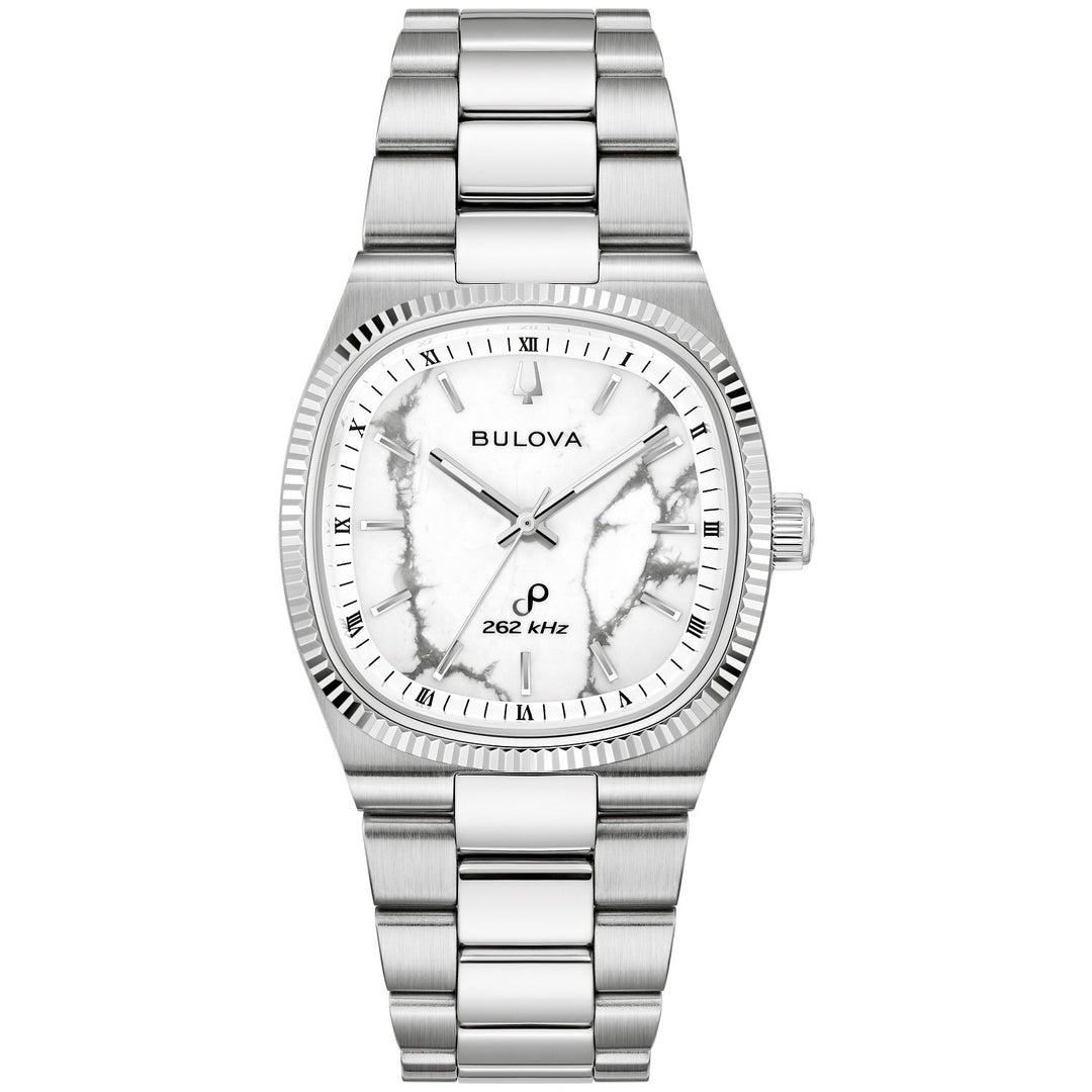 Bulova Super Seville Magnesite men's watch with a white magnesite stone dial and silver-tone bracelet, front view (96A344)
