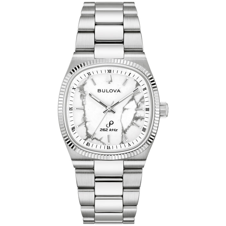Bulova Super Seville Magnesite men's watch with a white magnesite stone dial and silver-tone bracelet, front view (96A344)