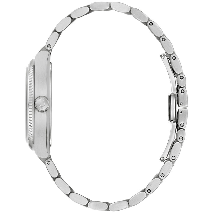 Side profile of the Bulova Super Seville Magnesite men's watch showing the case and silver-tone bracelet (96A344)