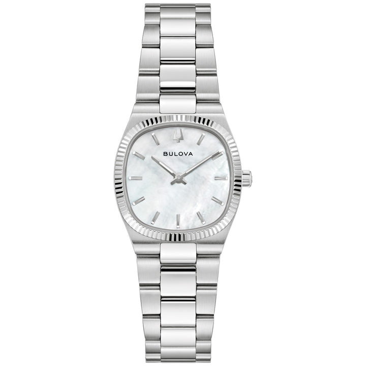 Bulova Super Seville Mini women's watch with a white mother-of-pearl dial and silver-tone bracelet, front view (96L353)