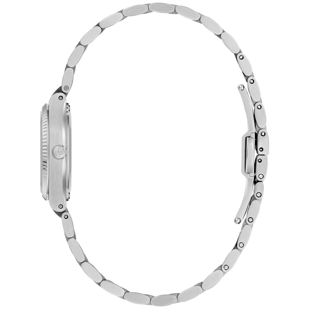 Side profile of the Bulova Super Seville Mini women's watch showing the case and silver-tone bracelet (96L353)