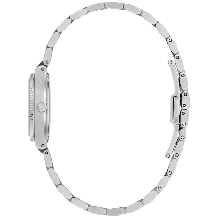 Side profile of the Bulova Super Seville Mini women's watch showing the case and silver-tone bracelet (96L353)