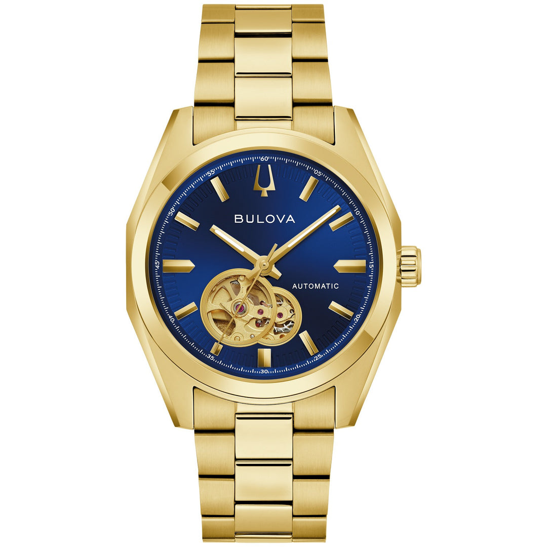 Bulova Surveyor men's watch with a blue open heart dial and gold-tone bracelet, front view (97A203)