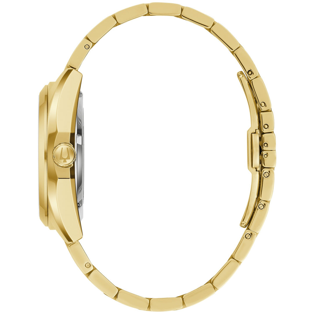 Side profile of the Bulova Surveyor men's watch showing the case and gold-tone bracelet (97A203)
