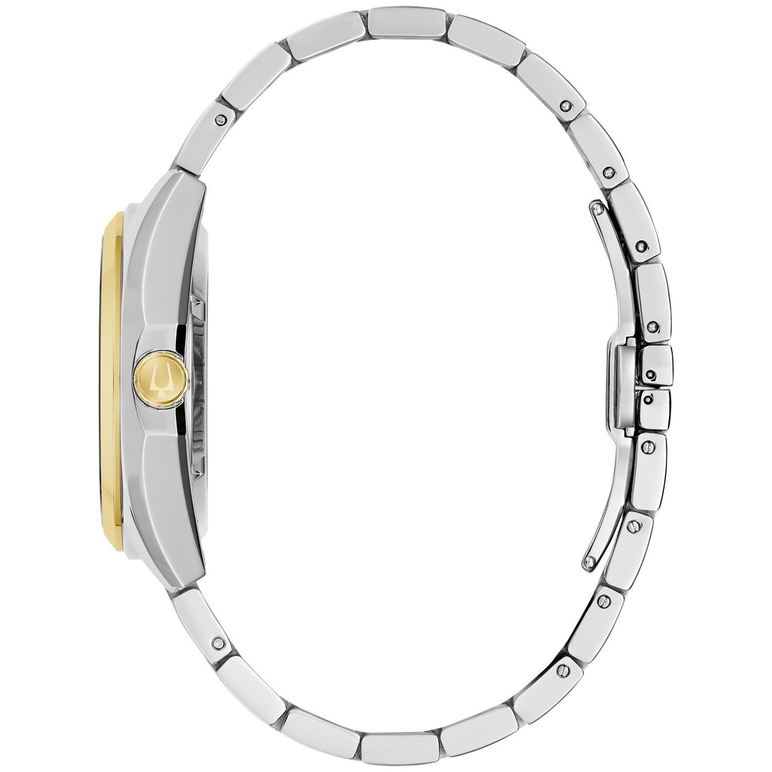 Side profile of the Bulova Surveyor men's watch showing the case and two-tone bracelet (98A338)