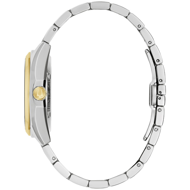 Side profile of the Bulova Surveyor men's watch showing the case and two-tone bracelet (98A338)