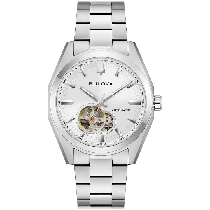 Bulova Surveyor men's watch with a white open heart dial and silver-tone bracelet, front view (96A345)