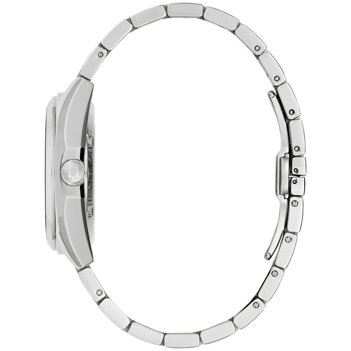 Side profile of the Bulova Surveyor men's watch showing the case and silver-tone bracelet (96A345)