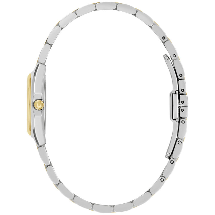 Side profile of the Bulova Surveyor women's watch showing the case and two-tone bracelet (98L329)