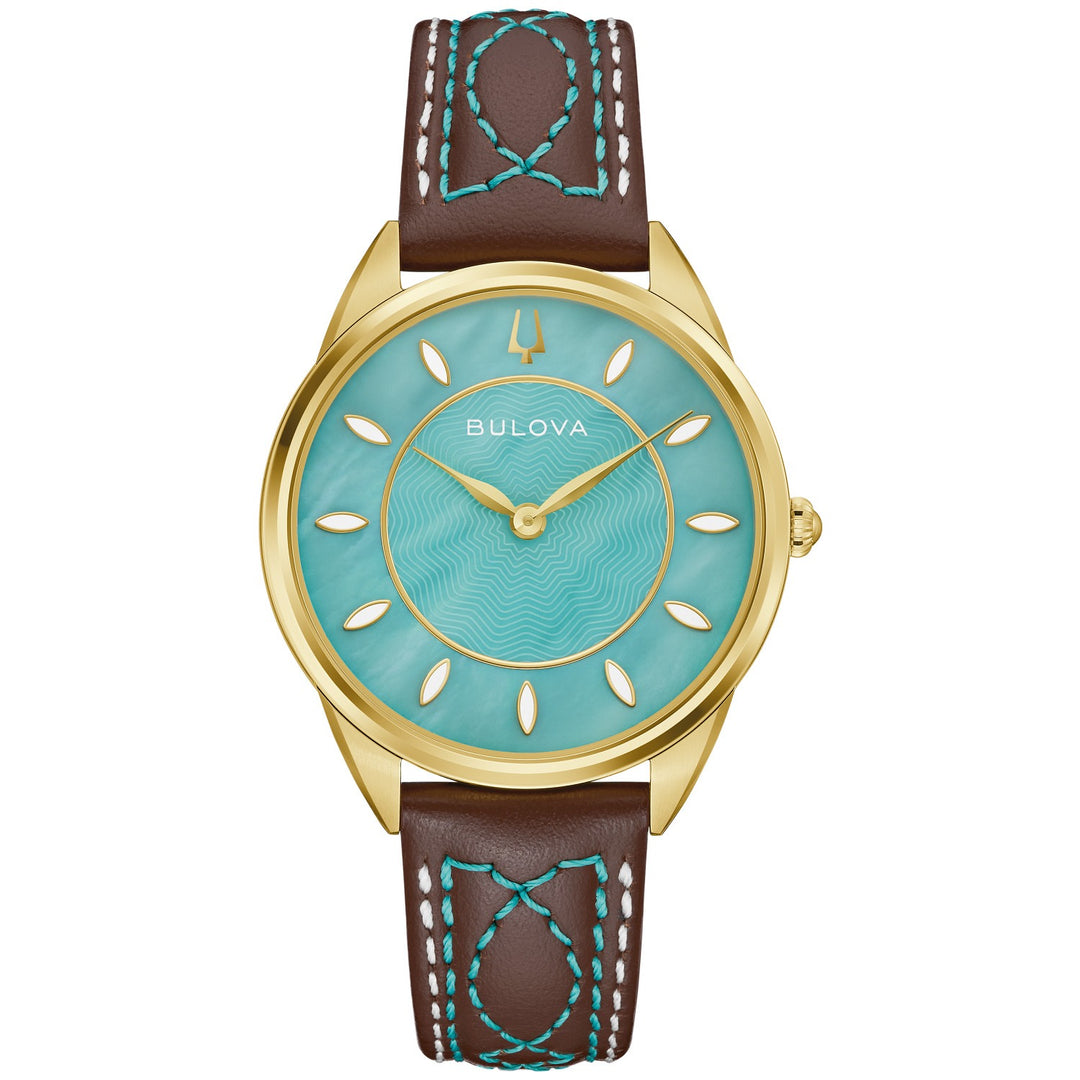 Bulova Sutton women's watch with a turquoise mother-of-pearl dial and tobacco brown leather strap, front view (97L203)