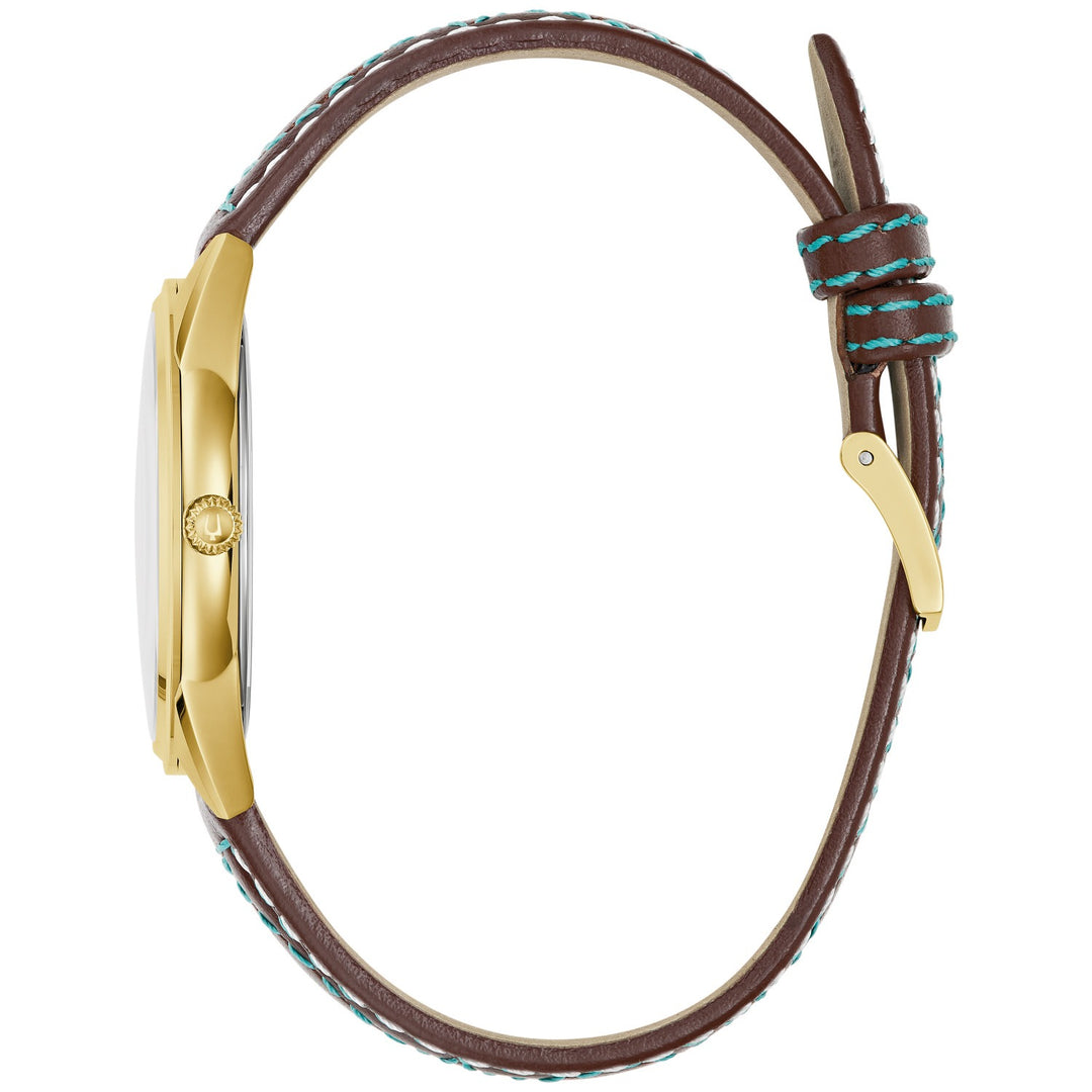 Side profile of the Bulova Sutton women's watch showing the case and tobacco brown leather strap (97L203)