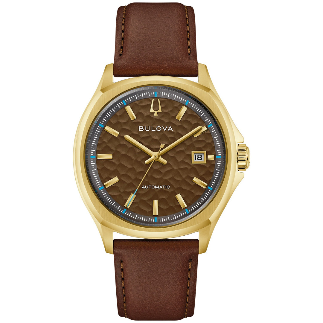 Bulova Tony Bennett NYC men's watch with a chocolate brown hammered dial and brown leather strap, front view (97B244)