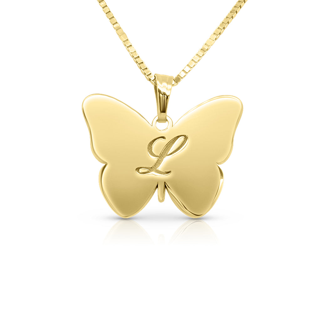 Completed 14kt yellow gold personalized butterfly pendant with engraved initial by AJ's Jewelry in Ridgewood Queens NY