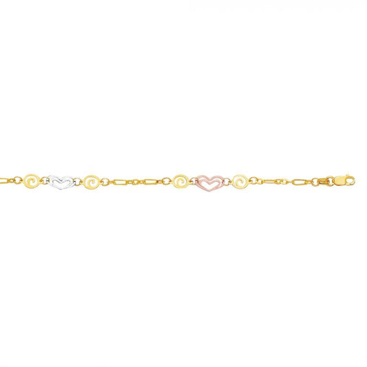 14 Karat Tricolor Gold Heart Ankle Bracelet